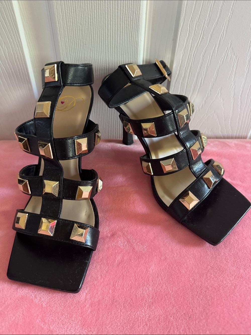 JustFab Black Strappy High Heel Sandals with Gold Studs